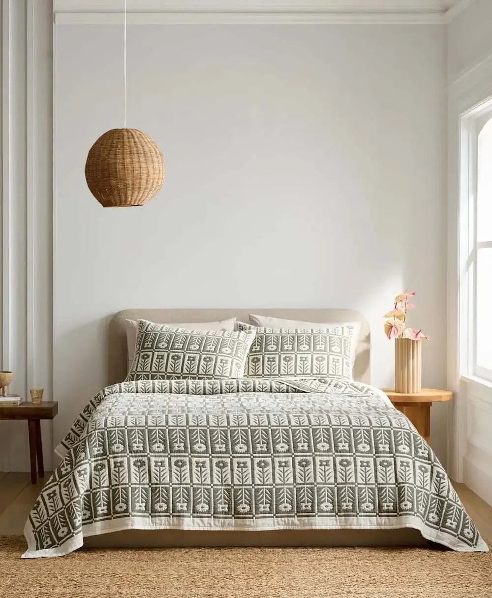 Quince Organic Cotton KING Jacquard Floral Sham Set in Dried Sage 2 new!